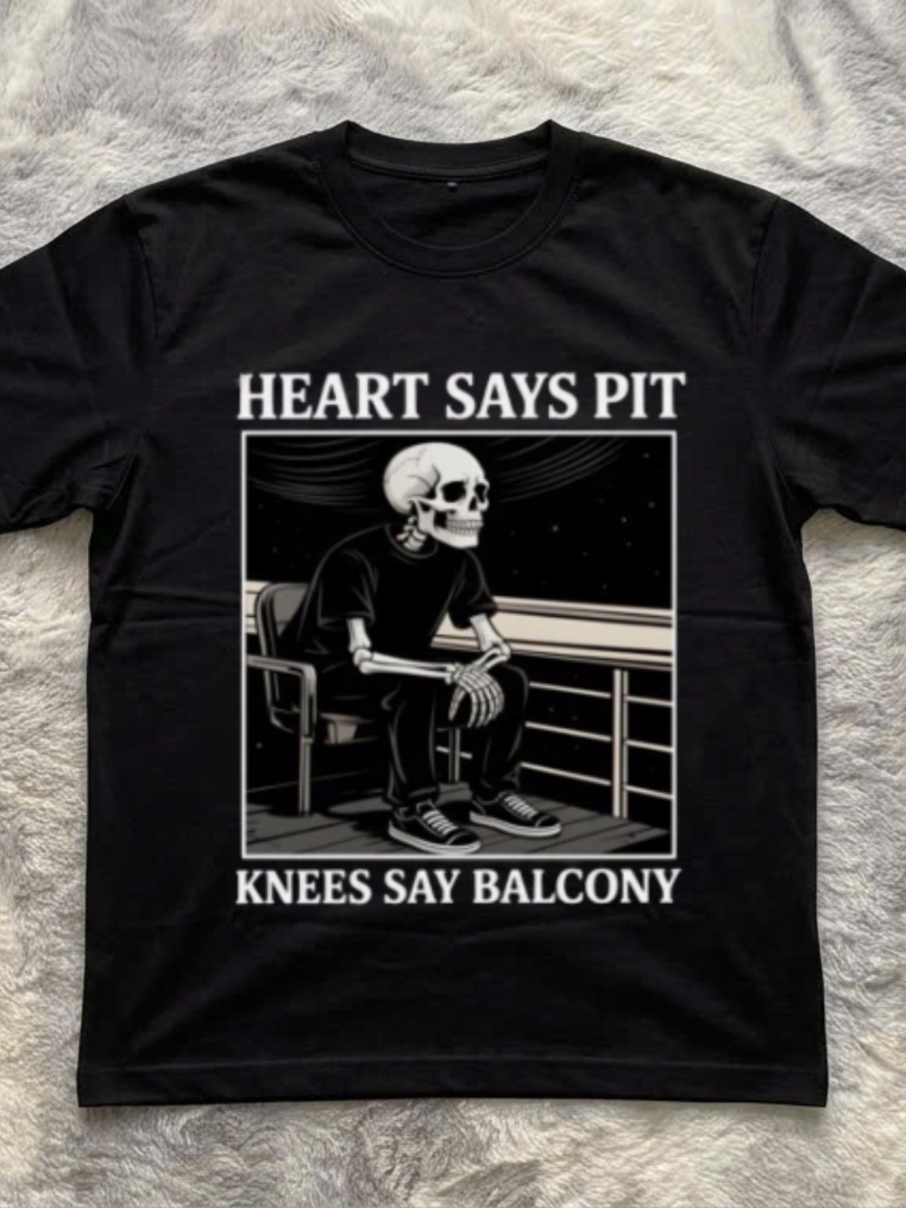 Gildan Black Graphic Tee with White Skeleton 'Heart Says Pit' Print